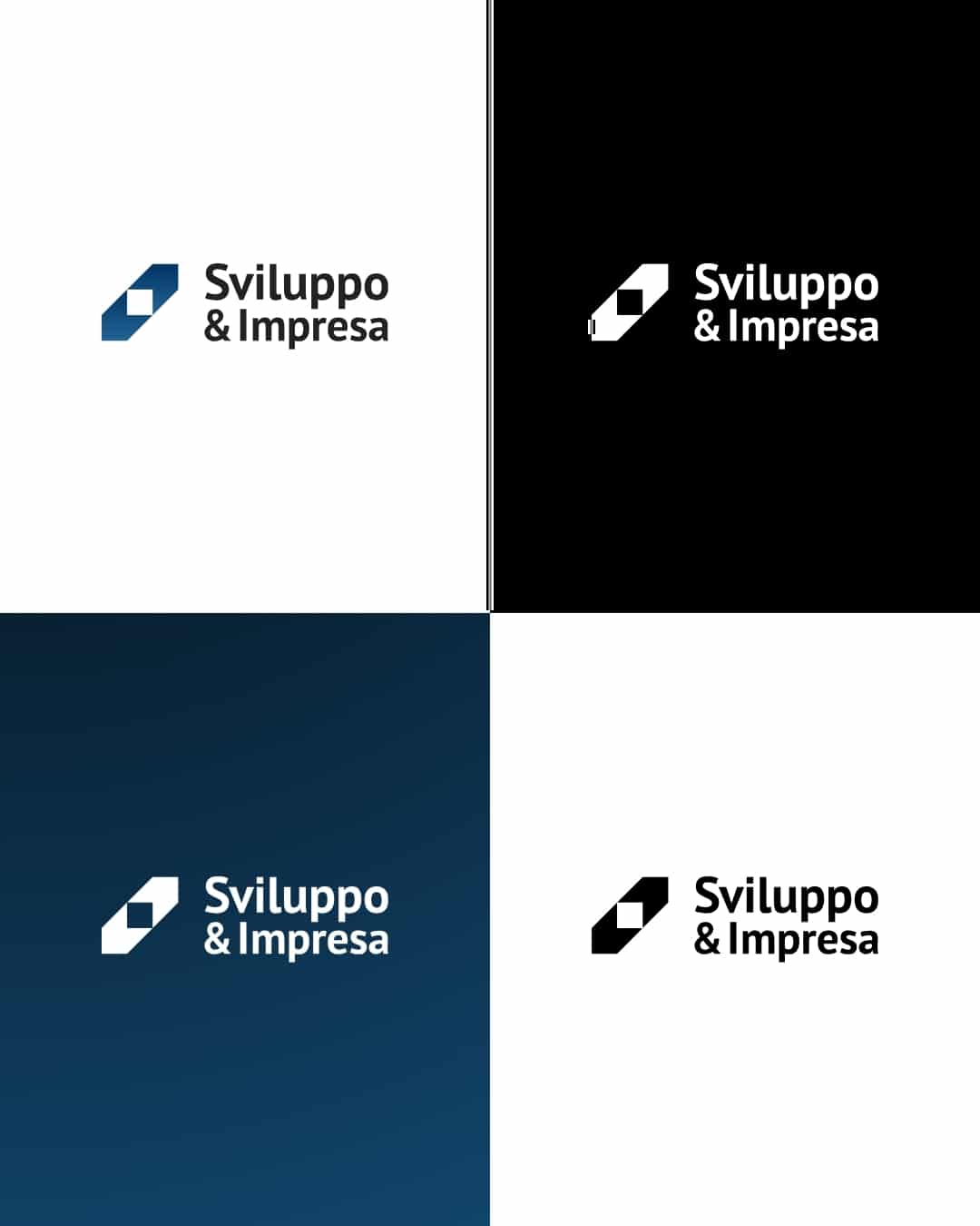 Logo di Sviluppo & Impresa in quattro versioni. Colore principale, blu, bianco e nero presentato da Yukidomo Studio
